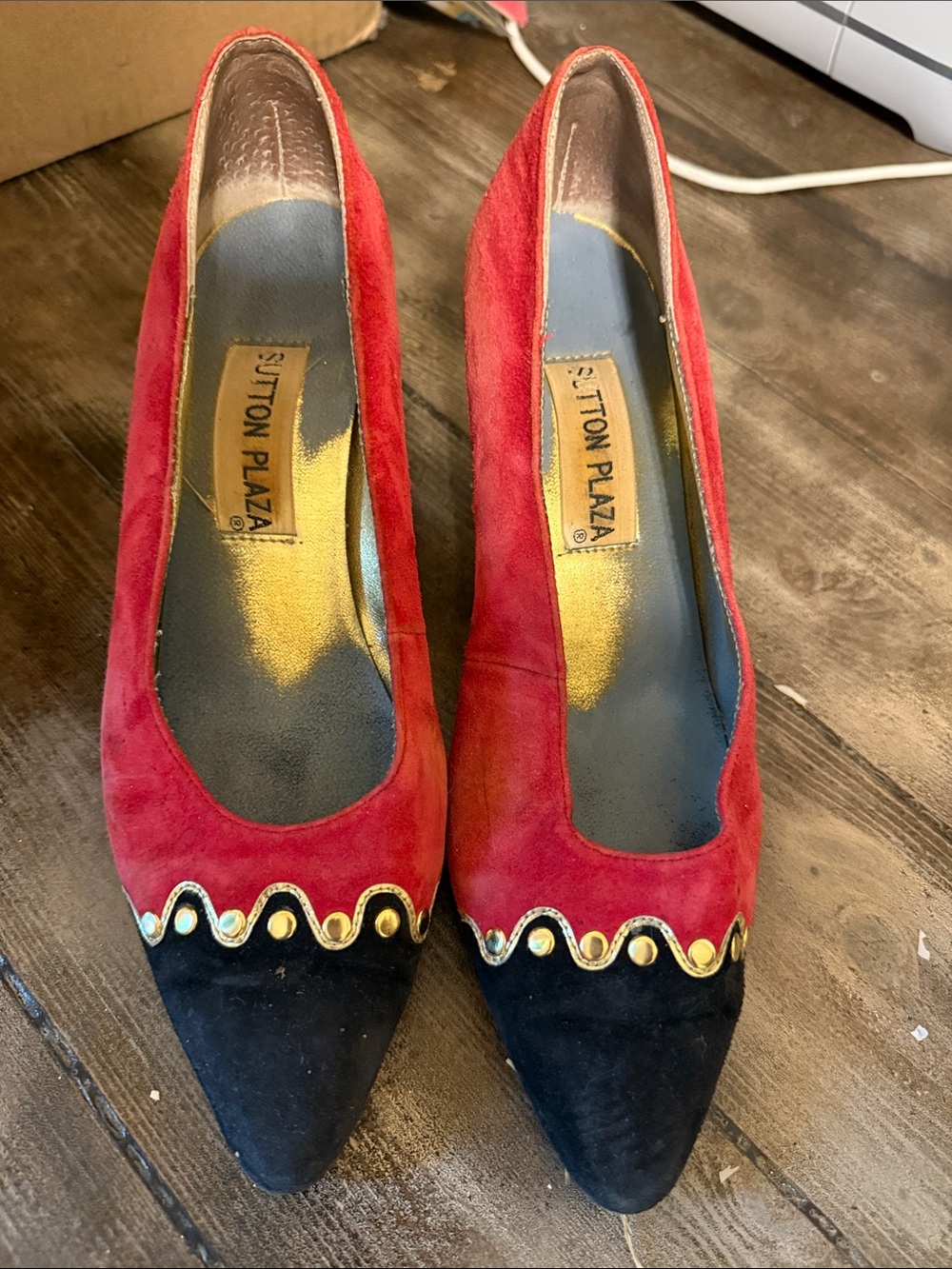 Sutton Plaza Red and Black Suede Pointed Toe Heels with Gold Trim